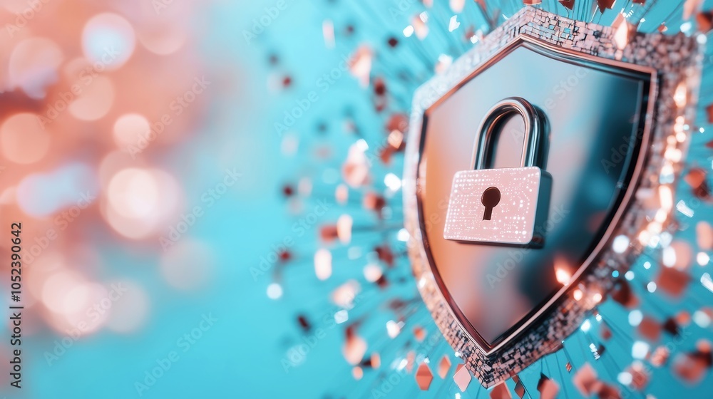 Poster abstract image of a shield with a digital padlock, representing network security and data protection
