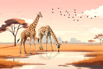 Fototapeta premium African giraffes background, wild animal digital paint