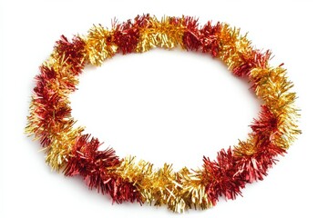 Tinsel Frame. Red and Golden Holiday Ornament on White Background