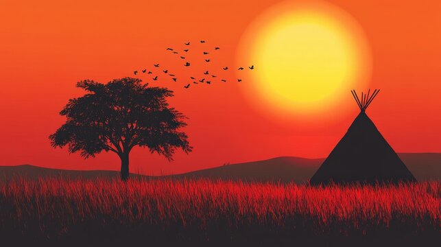 Tipi Sunset: Heavenly Indian Silhouette against Red Sun on Tree-lined Horizon