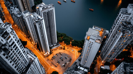 Fototapeta premium Aerial View of Tall Skyscrapers Overlooking Waterfront at Night