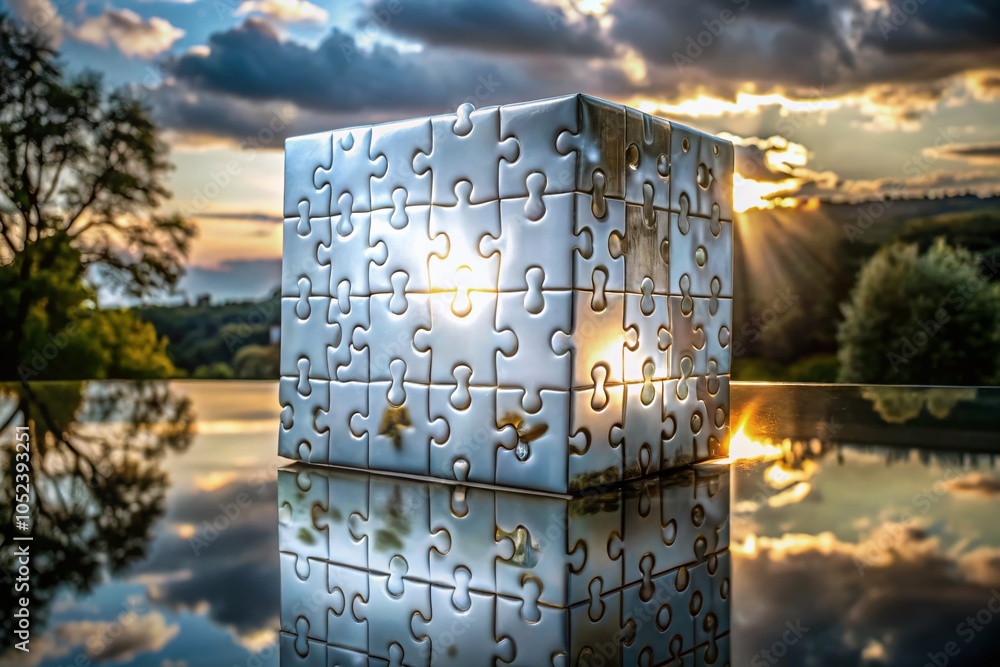 Poster glossy white rectangular cube box mock-up with interconnected puzzle pieces for creative presentatio