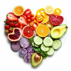Naklejka premium Colorful fresh sliced fruits and vegetables forming a heart shape on white background