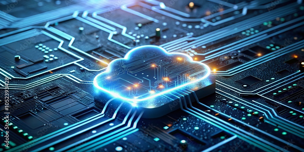Poster glowing cloud over circuit board - cloud computing technology in macro photography