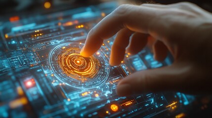 Naklejka premium futuristic scene with robot hand touching glowing AI hologram button on screen interface, symbolizing advancements in artificial intelligence programming and software technology