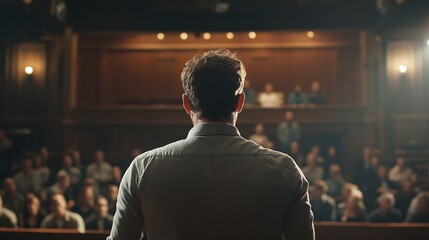 Fototapeta premium speaker addressing a business audience during a formal meeting or seminar, back view
