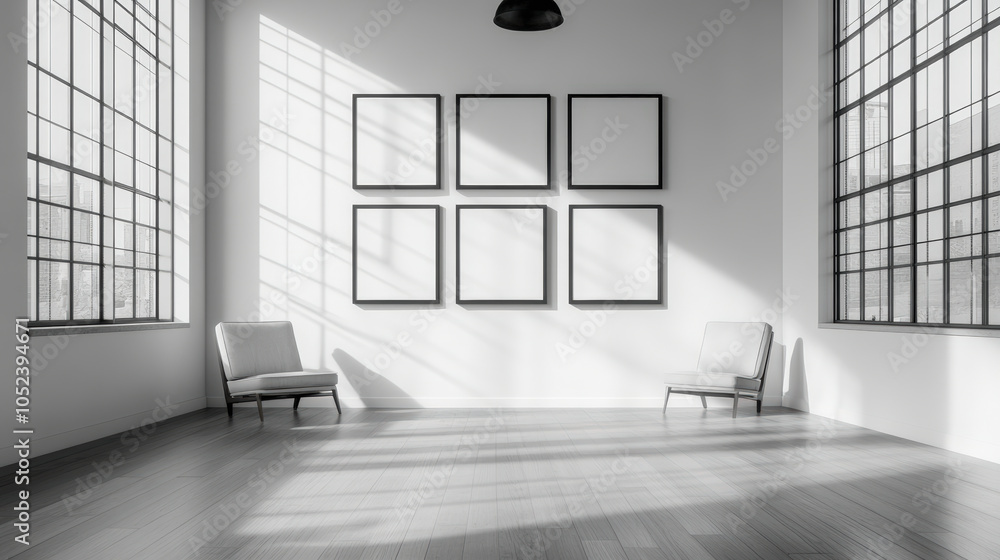 Poster a minimalist gallery space with six empty frames on the wall, featuring two modern chairs and large 