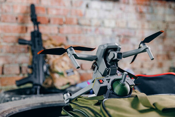 fpv bomb to drone to strike enemy positions. Concept use of modern robot in military operations