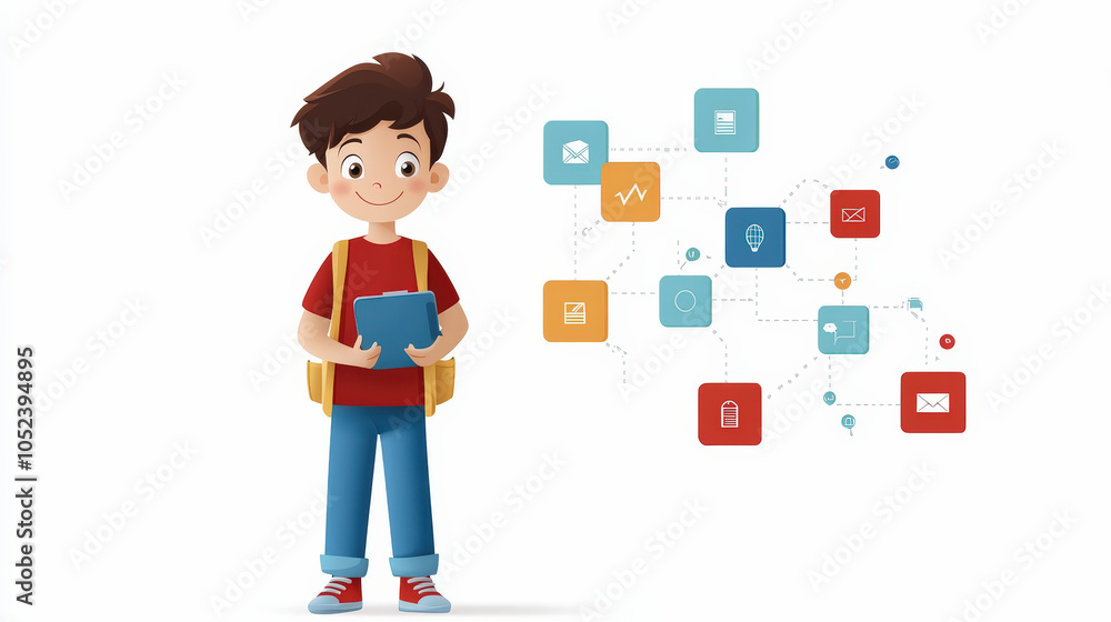 Poster a smiling boy holds a tablet, surrounded by colorful icons representing communication and technology