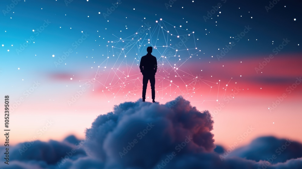 Poster a lone figure standing on a cloud, surrounded by swirling constellations of connected devices, repre