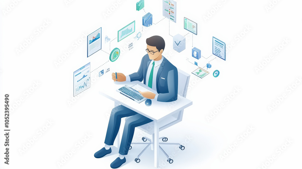 Poster a professional man in a suit sits at a desk with a computer, analyzing digital data floating around 