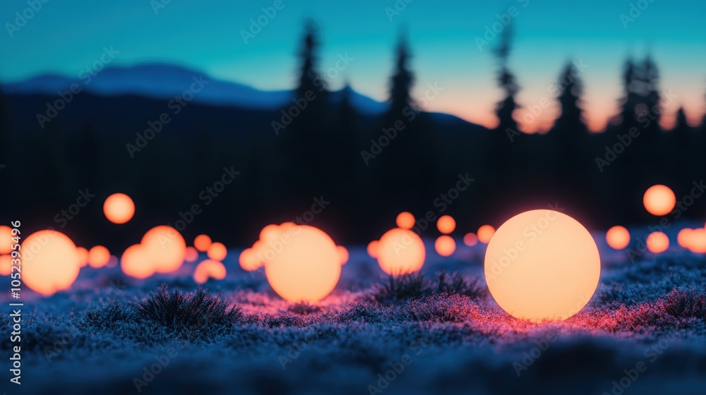 Poster a surreal landscape with floating, glowing orbs that represent messages traveling through the air, s