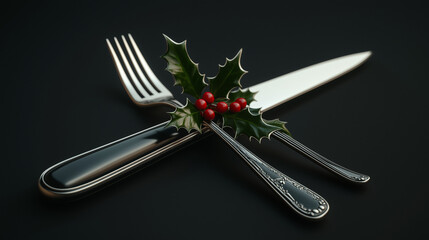 Elegant Silver Knife and Fork Crossed with Festive Holly Decoration &ndash; Close-Up Holiday Dining Decor on Dark and Light Backgrounds