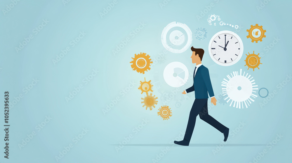 Poster illustration of a person walking with gears and clocks in the background, symbolizing time managemen