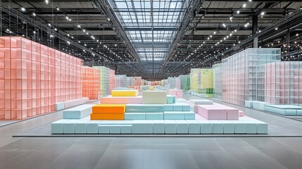 Colorful modular structures and platforms create a whimsical and modern interior design landscape in a large empty space.