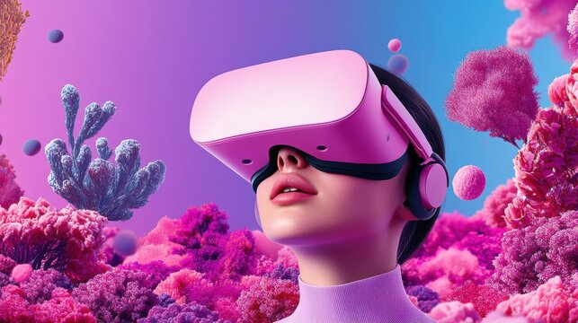 A woman wearing a virtual reality headset, exploring a vibrant, surreal world filled with interconnected objects and characters.