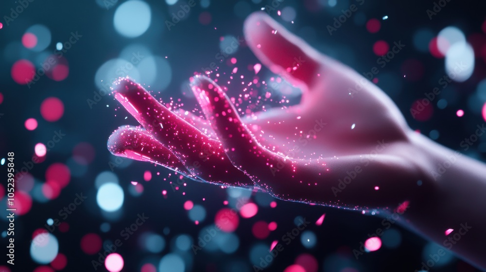 Poster a person interacting with a holographic interface, their fingers glowing with ethereal light as they