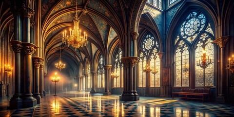 Gothic Palace Interior Silhouette - Dark Elegance and Majestic Architecture for Backgrounds