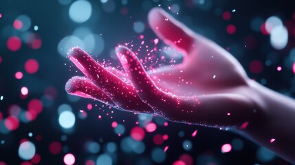 A person interacting with a holographic interface, their fingers glowing with ethereal light as they manipulate objects and data in a surreal, digital space.