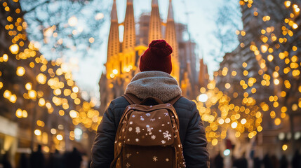Person in Warm Winter Clothing Standing in Front of Sagrada Familia with Christmas Lights in Barcelona