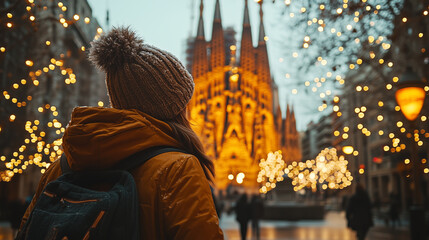 Fototapeta premium Person in Warm Winter Clothing Standing in Front of Sagrada Familia with Christmas Lights in Barcelona