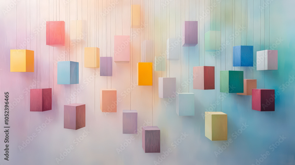 Poster colorful 3d cubes suspended against a gradient background create an abstract and modern art installa