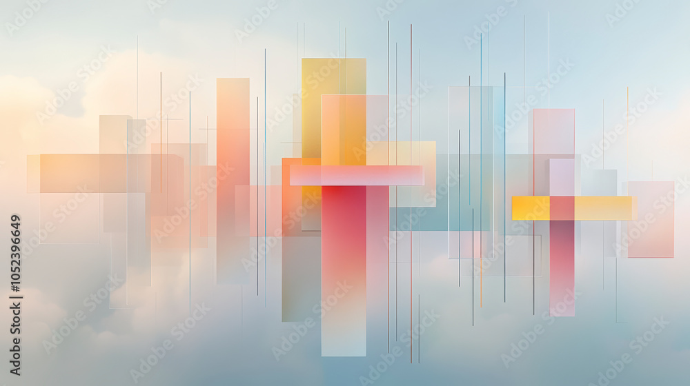 Poster colorful geometric shapes overlap in a dreamy, abstract sky scene, creating a tranquil atmosphere wi