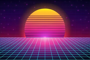 Retro background futuristic landscape 1980s style. Vector perspective grid. 80s sci-fi or game style. Retro neon background