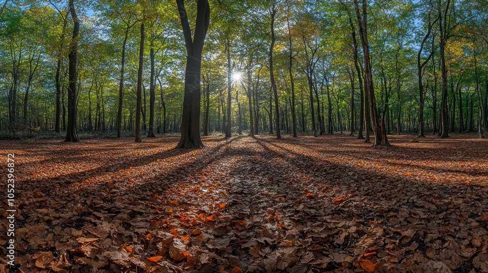 Poster sunlight streams through the trees in a dense forest, illuminating a carpet of fallen leaves on the 
