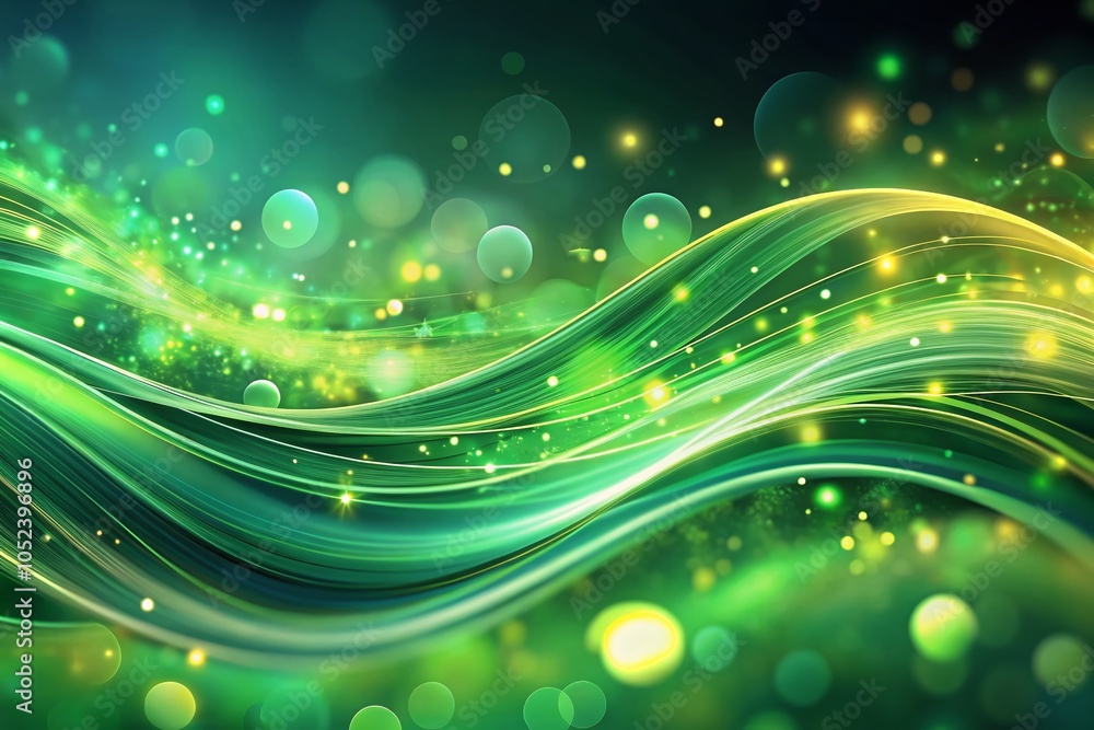 Poster Green Abstract Wave Design with Neon Gradient and Bokeh Effect for Modern Digital Backgrounds