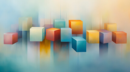 Floating geometric cubes in vibrant colors create an abstract and surreal scene, blending hues of blue, orange, and yellow amidst a misty gradient background.