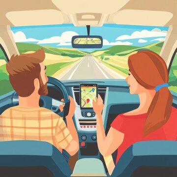 Road trippers with phone navigating.