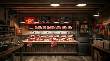 Fresh Beef Displayed in Butcher Shop Interior