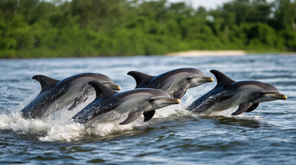 Obraz premium A pod of dolphins traveling together, illustrating their social structure with strong bonds and cooperative behaviors, ranging from small groups to several dozen members.