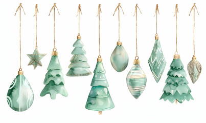 Watercolor green Christmas tree decorations hanging on strings, isolated on a white background