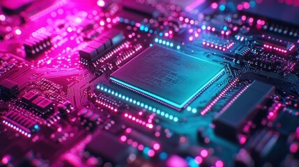Obraz premium A close-up view of a CPU chip on a circuit board with pink and blue neon lighting.
