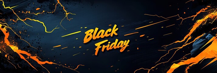 Vibrant black Friday banner with dynamic, bold typography and striking paint splatter design on a dark background highlighting the excitement of major sales event