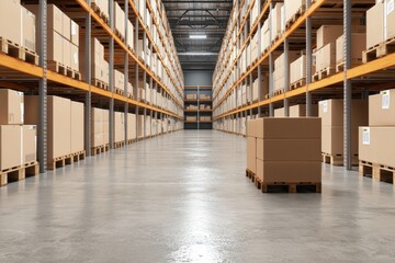 Fototapeta premium Warehouse interior with pallets full of cardboard boxes lined on shelves.