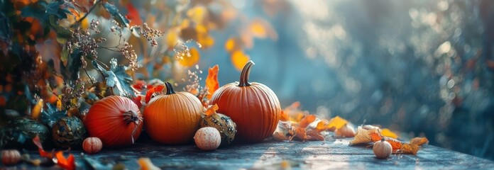 Beautiful autumn background with pumpkins and colorful leaves under warm sunlight, showcasing a serene and festive atmosphere perfect for fall season themes and Thanksgiving celebration displays.