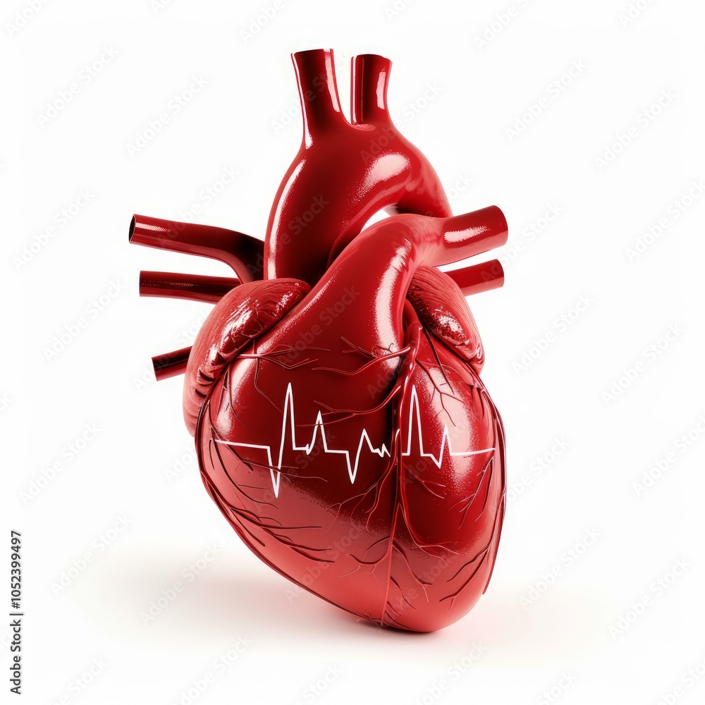 Poster 3d rendering of a realistic anatomical heart beating with an electrocardiogram line on a white backg