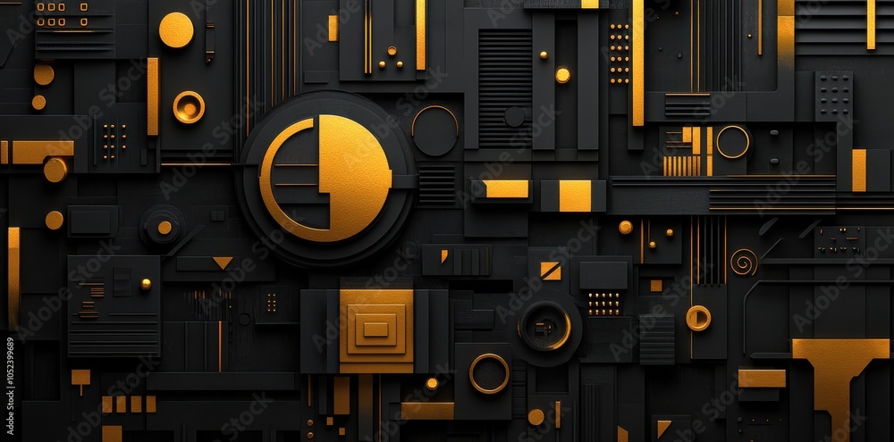 Poster luxurious abstract design with black and gold wavy patterns and shimmering textures on a dark backgr