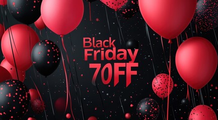 Naklejka premium Black Friday celebration with red and black balloons offering a 70% discount, conveying excitement and festive shopping mood