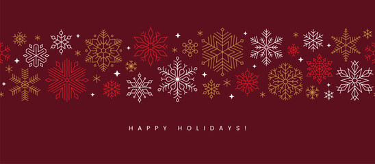 Christmas greeting card or banner design with elegant seamless snowflakes pattern. Winter holidays horizontal background.