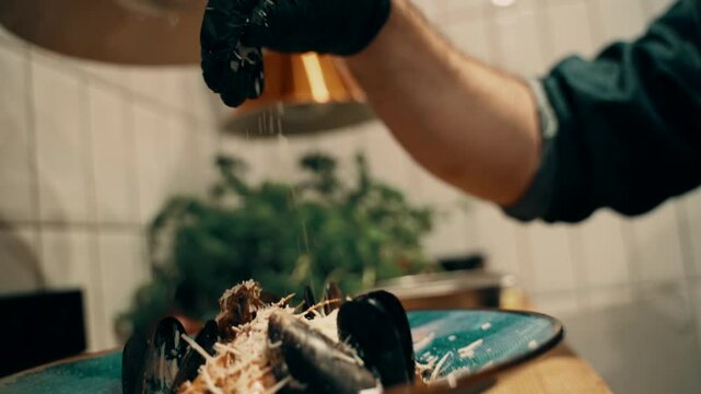 A chef garnishes a seafood dish with grated Parmesan cheese, adding the final touch to a gourmet meal. The dimly lit background enhances the elegance of fine dining.