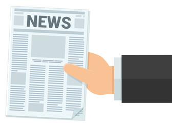 A hand presents a newspaper in flat design style (cut out)