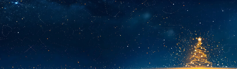 Fototapeta premium A wide, panoramic background of a dark blue sky with twinkling stars, featuring a glowing, golden Christmas tree at the bottom edge