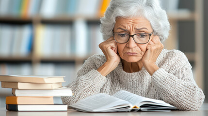 An elderly woman in a cozy sweater looks thoughtfully at an open book, surrounded by a stack of books in a library setting.