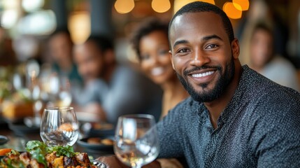 A man smiles brightly while dining with friends at a bustling restaurant