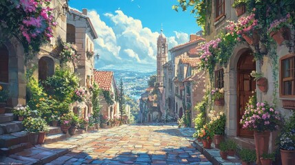 Charming Cobblestone Street with Blooming Flowers