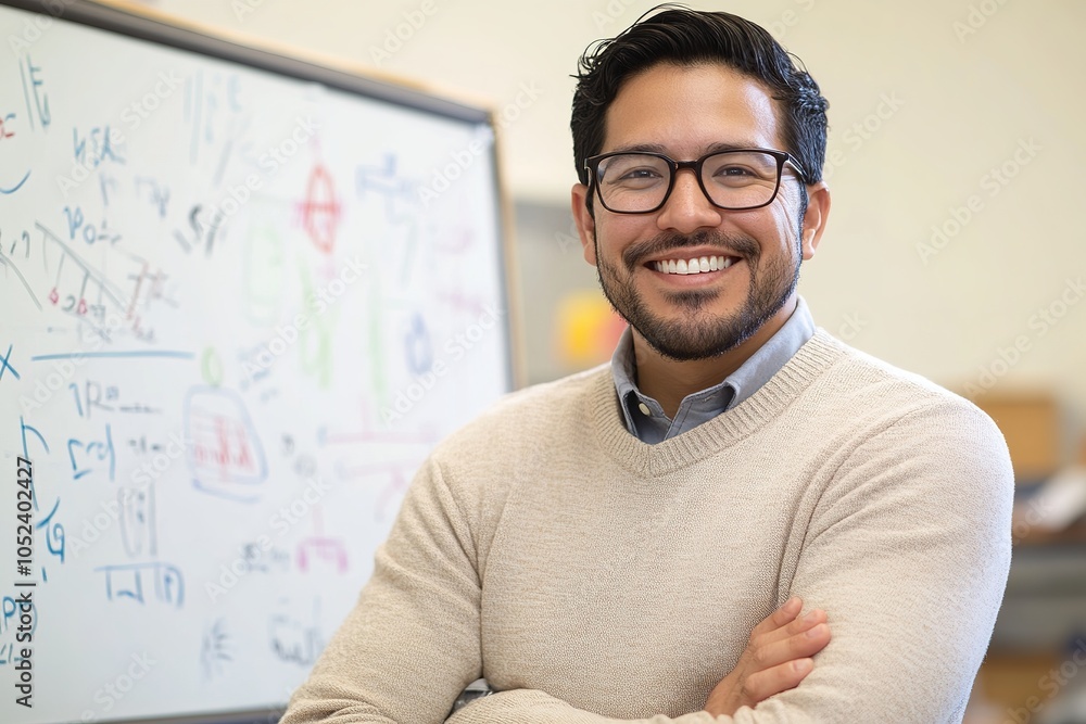 Poster a smiling man in a beige sweater stands confidently in front of a whiteboard filled with mathematica